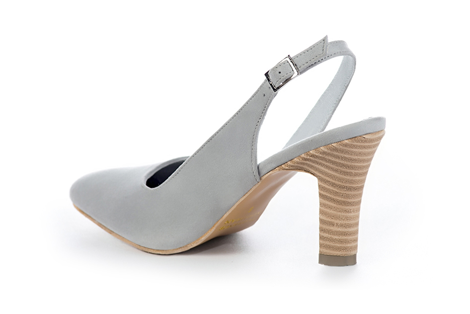 Women's pearl grey elegant slingback heels. Round toe. High kitten heels - Rear view